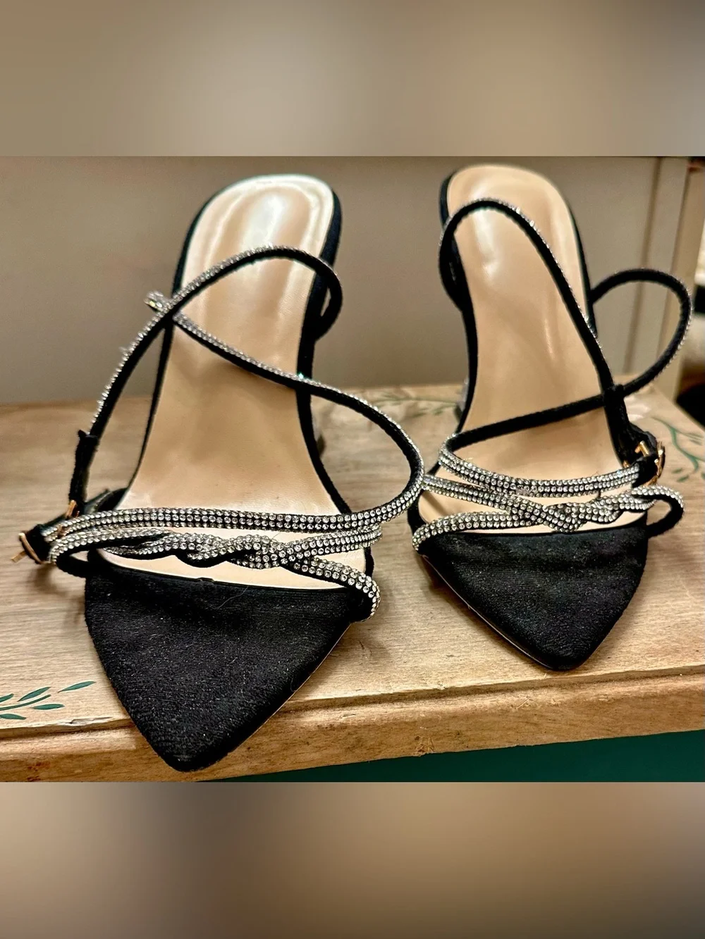 Black Crystal-Embellished Slingback Heels